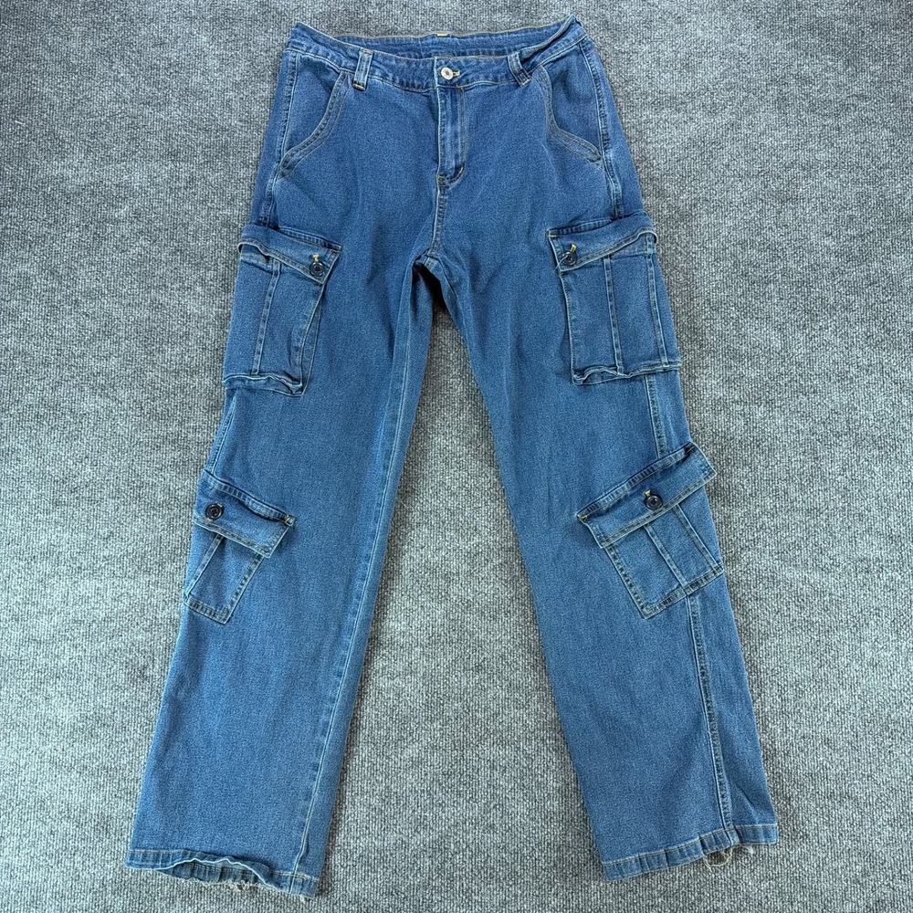 Womens Medium Wash Cargo Jeans Straight Leg Utility Pants Size L Streetwear